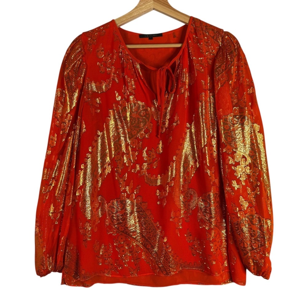 KOBI HALPERIN Nicky Floral Brocade Orange Gold Metallic Paisley Tie Blouse Top